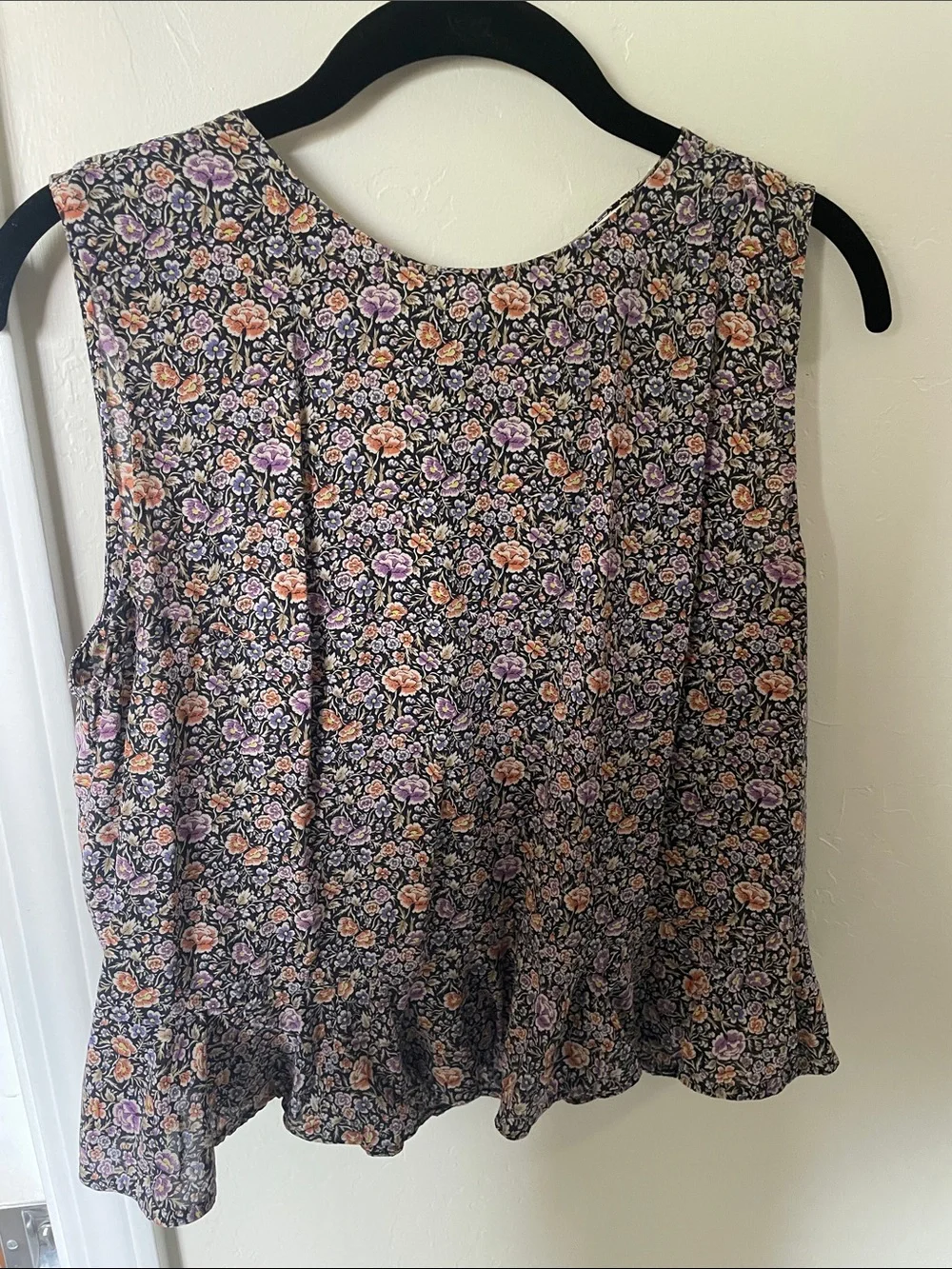 Rebecca Taylor Black Floral Ruffle-Hem Camisole with Pink & Peach Blooms